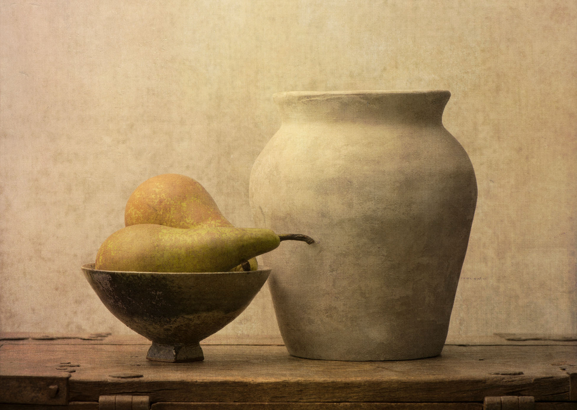 Fruit still life with pears on wooden table. Vintage rustic food image with artistic texture effect.