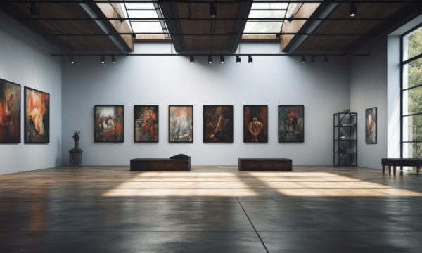 An art gallery with beautiful paintings displayed on minimalist white walls. Generative AI